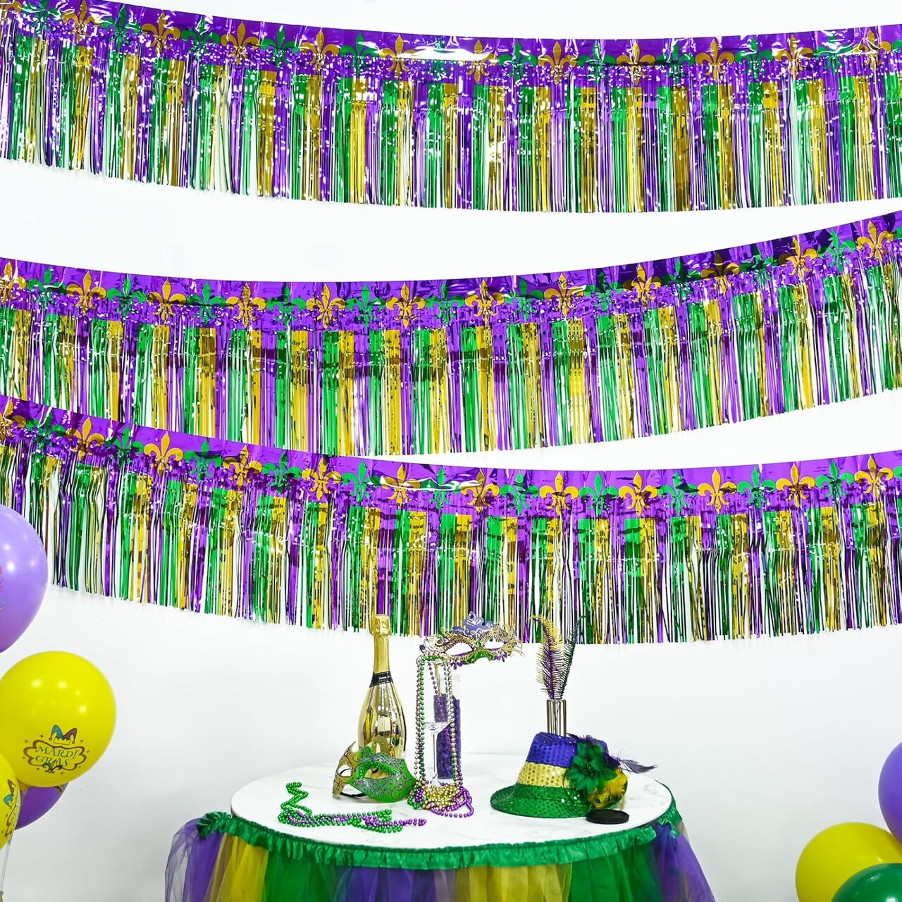 Mardi Gras Decorations 2 Pack 39Ft Foil Fringe Garland Tinsel Streamers, Green Gold Purple Iris Pattern Metallic Hanging Backdrop Banner Table Skirts for Carnival Birthday Party Parade Floats